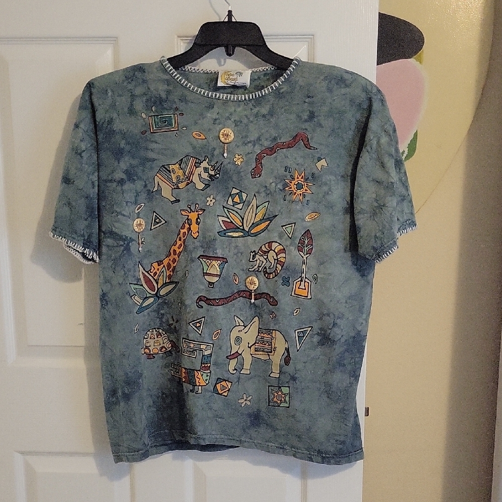 Copa Cabana One Size Vintage cotton beaded stitched Safari Adventure Graphic top